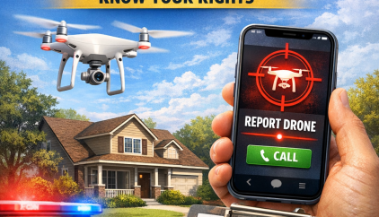 Drone flying over a residential property with options to report it and learn your legal rights
