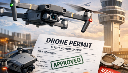 Drone permit approval diagram showing flight authorization, pilot license, and restricted area warning.