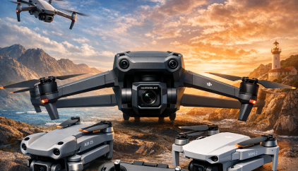 DJI drone models and buying guide over a scenic sunset landscape