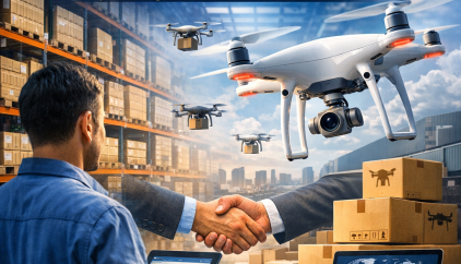 Drone wholesaler partnership concept with drones, warehouse, and a business handshake.