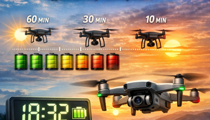 Infographic showing typical drone battery life with flight time examples and battery level indicators