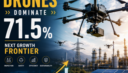 Chart showing industrial drones leading the next growth frontier at 71.5% across inspection, safety, efficiency, and sustaina
