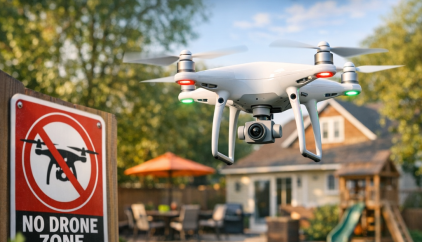 No drone zone sign in a residential backyard with a drone flying overhead, illustrating backyard drone legality.