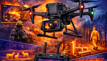 Thermal drone highlighting firefighting, wildlife monitoring, and solar panel inspection uses