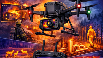 Thermal drone highlighting firefighting, wildlife monitoring, and solar panel inspection uses